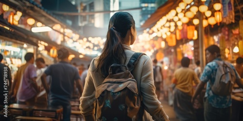 Woman with a backpack walking through a market. Suitable for travel and shopping concepts