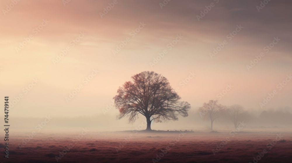a foggy field with a lone tree in the foreground and a single tree in the distance on a foggy day.
