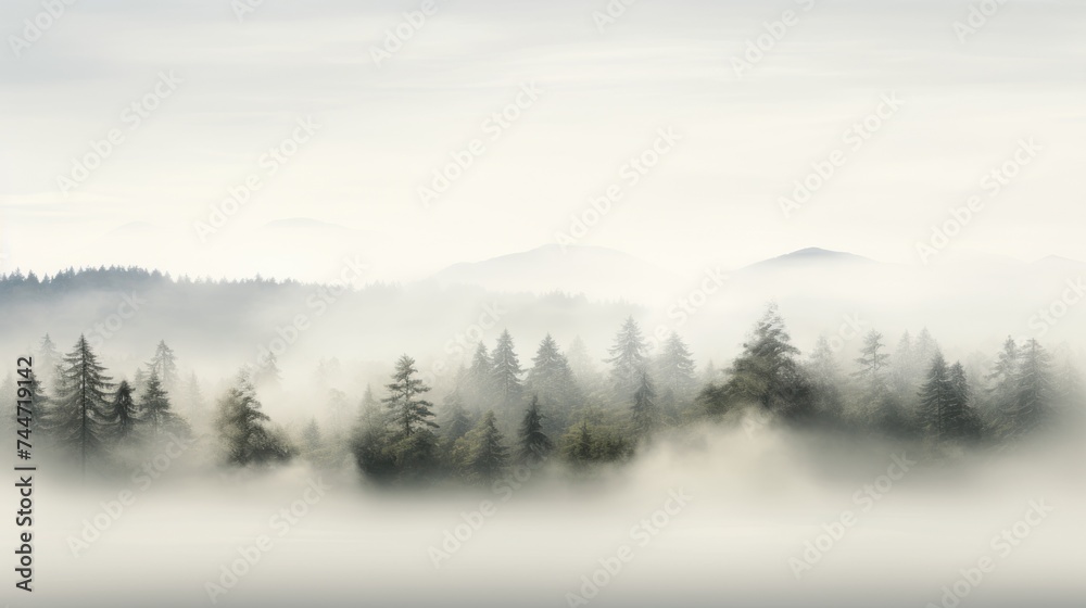 a forest filled with lots of trees on top of a foggy forest filled with lots of trees on top of a hill.