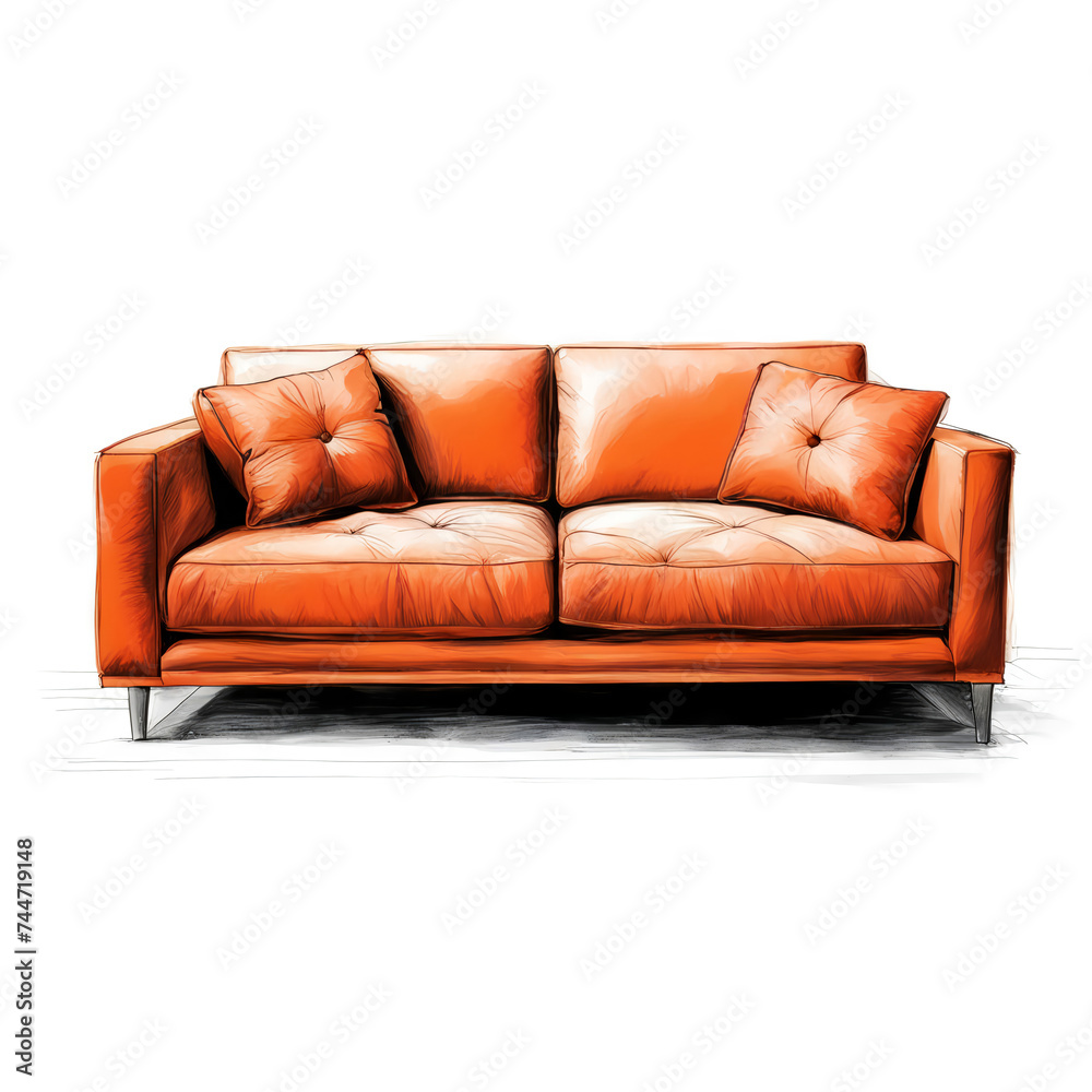 © Alena Mostovich - orange upholstered sofa for the interior of the house, furniture design. artificial intelligence generator, AI, neural network image. background for the design.