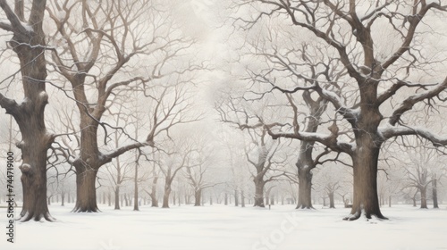 a painting of a snowy park with trees in the foreground and a bench in the middle of the park with snow on the ground.