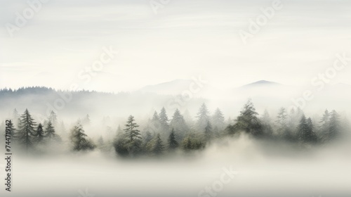 a forest filled with lots of trees on top of a foggy forest filled with lots of trees on top of a hill. © Olga