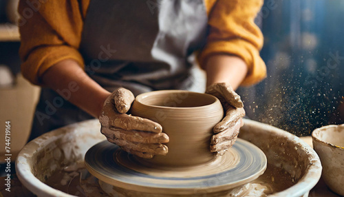 woman's hands shaping clay on pottery wheel, embodying creativity and artisanal craftsmanship 
