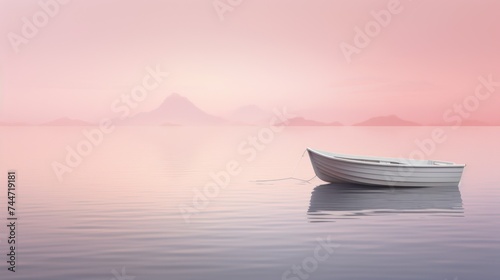 a small white boat floating on top of a body of water next to a mountain range in a foggy sky. photo