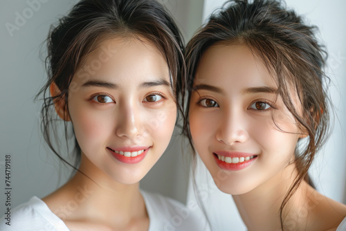 Asian women wearing white t-shirt smile having a good time together