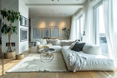 Scandinavian Home Living Room Interior with White Sofa and Armchairs