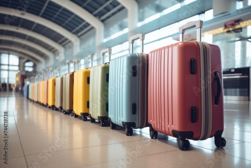 Suitcases lined up on floor, suitable for travel concept.