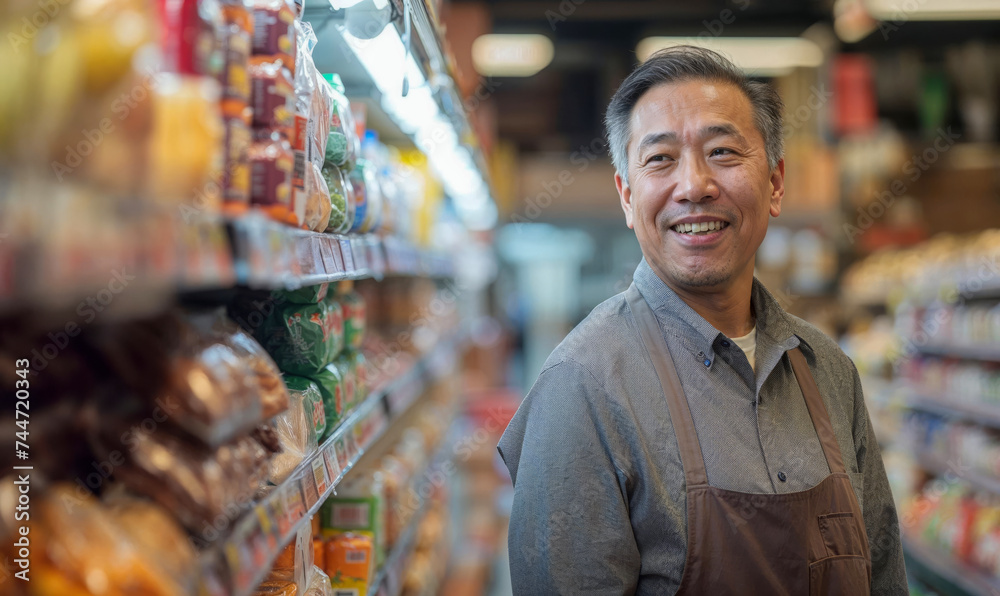 Asian man working at a market bodega local grocery store. Owner, manager, happy, stocking shelves, food, bread, cans, 
