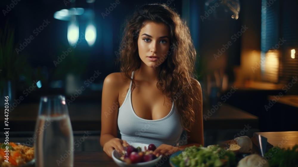Woman sitting at a table with a plate of food. Ideal for food and lifestyle concepts
