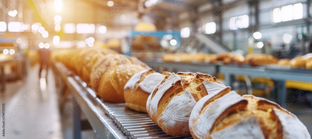 Freshly baked bread loaves on automated conveyor belt in busy bakery production line.
