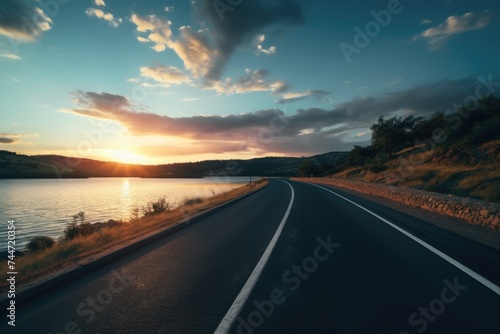 A serene image of an empty road next to a peaceful body of water. Perfect for travel and nature concepts