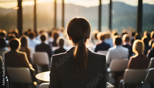 Silhouette of female conference speaker observing audience, blurred background