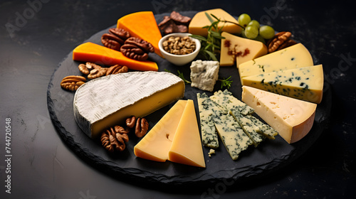 Cheese plate on a black stone background. Free copy space. View from above.