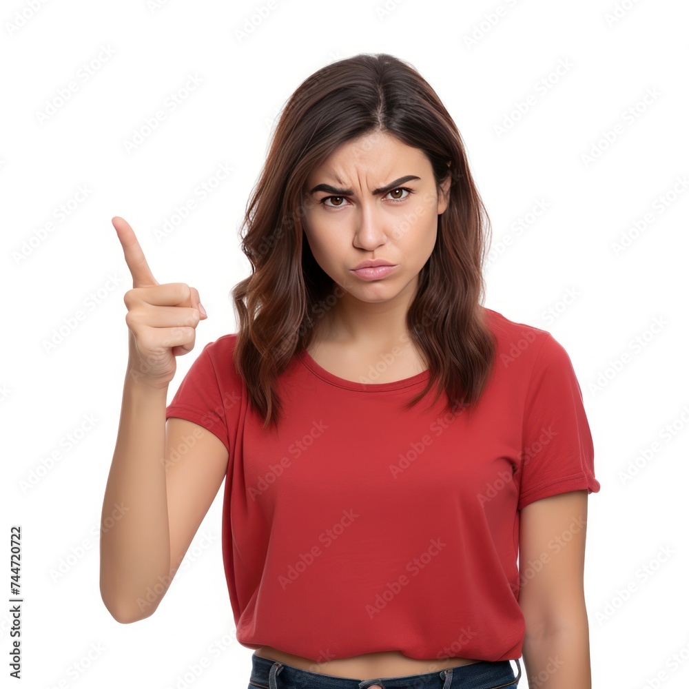 Upset Woman Makes Loser Gesture in White Background Upset Woman Makes Loser Gesture in White Background