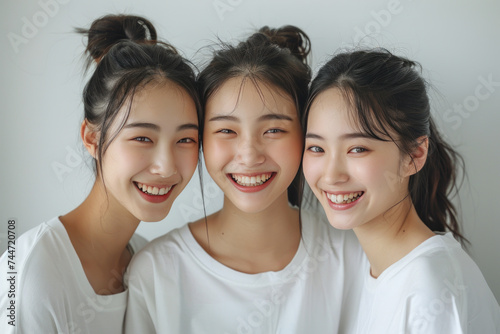 Asian women wearing white t-shirt smile having a good time together