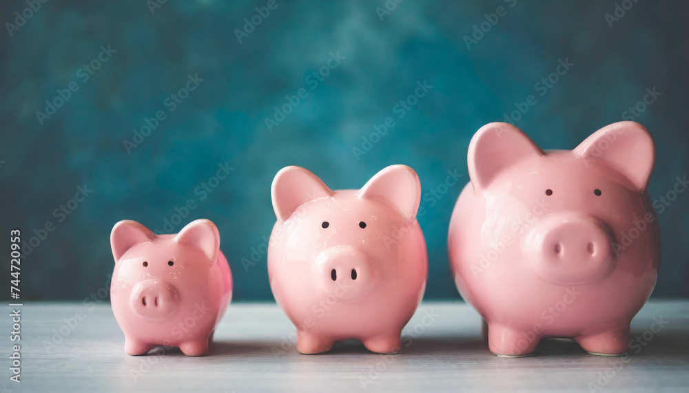 Three pink piggy banks, small to large, symbolizing growth, savings, and financial planning on a clean background Three pink piggy banks, small to large, symbolizing growth, savings, and financial planning on a clean background