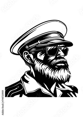 Vintage monochrome marine label with seaman in sailor captain. Bearded ship captain peaked cap for marine nautical logo design for sailor	