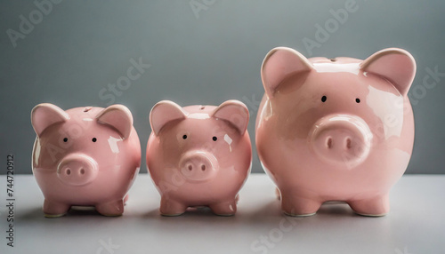 Three pink piggy banks  small to large  symbolizing growth  savings  and financial planning on a clean background