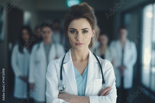 A woman wearing a white lab coat and stethoscope. Ideal for medical and healthcare concepts