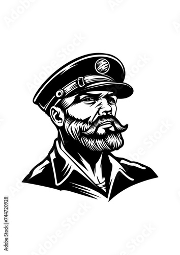 Vintage monochrome marine label with seaman in sailor captain. Bearded ship captain peaked cap for marine nautical logo design for sailor	
