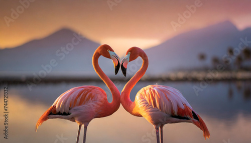 Two flamingos create heart shape at sunset, symbolizing love and togetherness photo