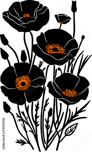 simple black outline drawing silhouette of poppy flower, design