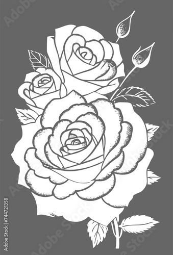white graphic linear drawing of rose flower on gray background, design
