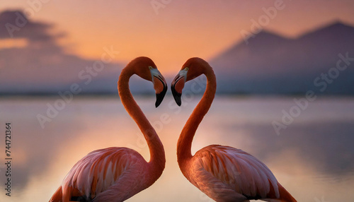 Two flamingos create heart shape at sunset, symbolizing love and togetherness photo