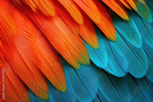 Vibrant feathers of a bird up close, perfect for nature themes