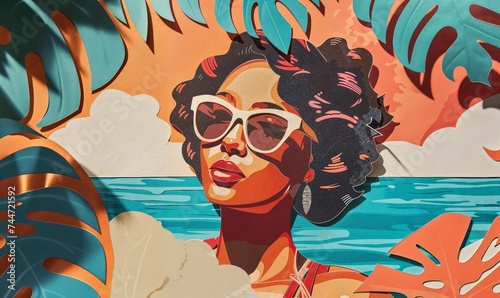 African American woman at the beach retro collage with cut paper, sunglasses, red orange lips and  blue ocean sea. Vintage art poster.