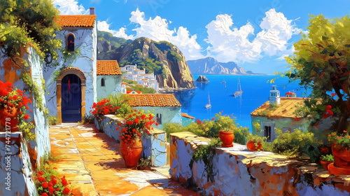 Oil painting of a small town on the Mediterranean Sea, mountains in the background, beautiful summer weather.