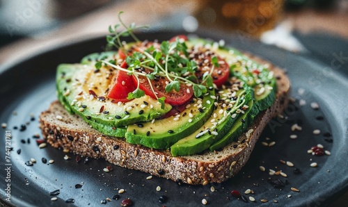 Avocado on whole grain toast with tomato, sprouts, seeds. Healthy fat, superfood, fiber, antioxidants topped with delicious seasonings on a black plate in a kitchen. Meal prep.
