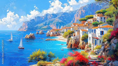 Oil painting of a small town on the Mediterranean Sea, mountains in the background, beautiful summer weather. photo