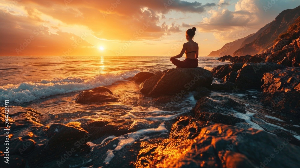 Serene woman enjoying sunset by the sea and meditation with Theta Healing,