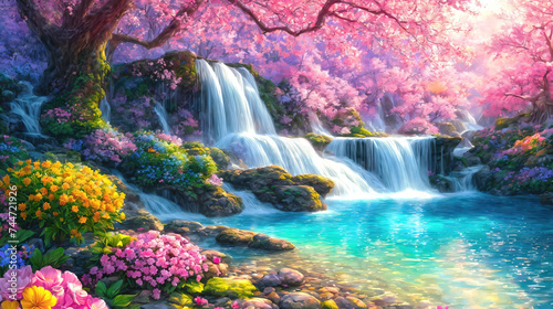 A beautiful paradise land full of flowers   sakura trees  rivers and waterfalls  a blooming and magical idyllic Eden garden