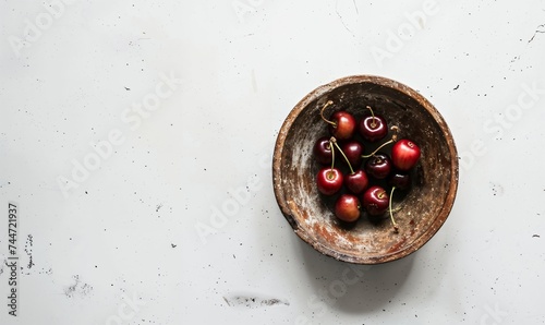 Cherries in a bowl on a counter top, wooden clay quartz, fresh healthy snack, bing, red rainier. Organic, ripe fruit. 