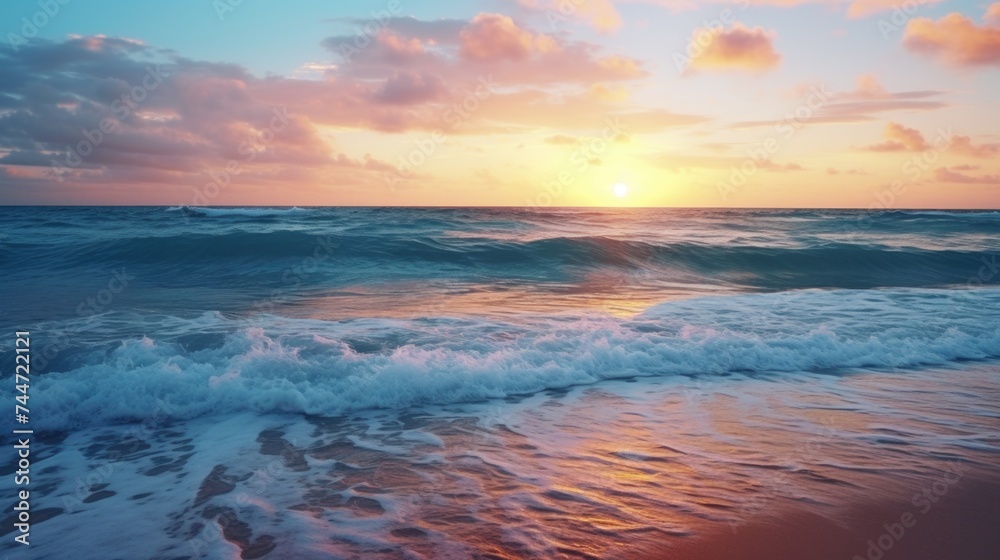 Beautiful sunset over the ocean on the beach, perfect for travel websites or vacation advertisements