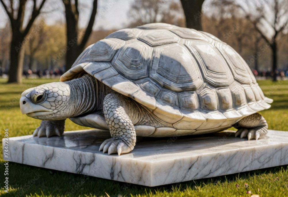 Sculpture of a turtle on a marble pedestal in the park