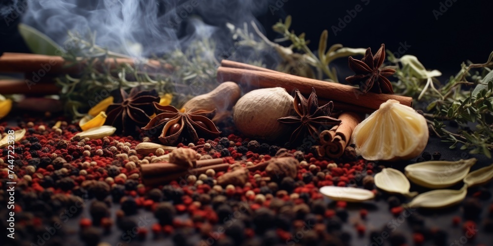 A pile of assorted spices and herbs on a wooden table. Suitable for cooking and culinary concepts - obrazy, fototapety, plakaty 