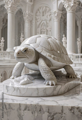 Sculpture of a tortoise on a marble pedestal in a room with marble columns