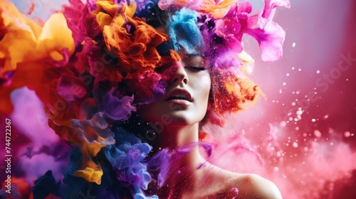 A woman with colorful hair and flowers in her hair, perfect for beauty or fashion projects