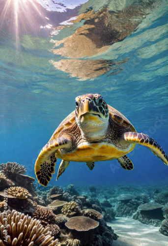 A sea turtle swims underwater against the seafloor background