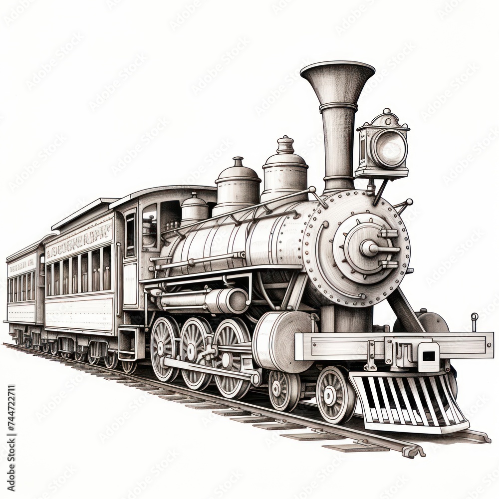 Detailed Vintage Train Drawing Clipart Black Outline Illustration