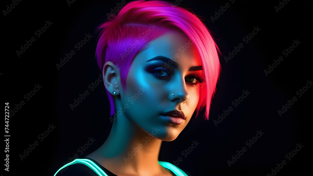 Pink hair and neon makeup of a girl on a black background. Pink hair and neon makeup of a girl on a black background.