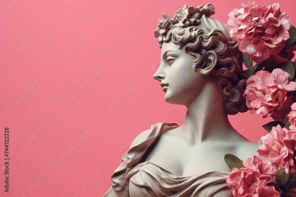 A statue of a woman adorned with flowers. Ideal for garden decor