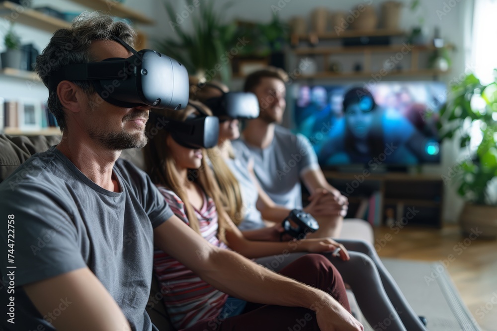 A family using a multi-dimensional entertainment system in their living room, experiencing a movie as a virtual reality adventure A family using a multi-dimensional entertainment system in their living room, experiencing a movie as a virtual reality adventure