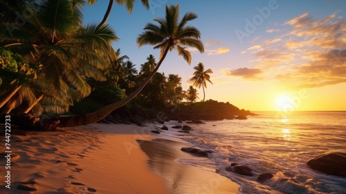 A scenic view of a beach with palm trees and rocks in the water. Ideal for travel and vacation concepts