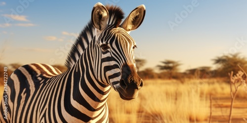 A close-up image of a zebra in a field. Suitable for nature or wildlife concepts