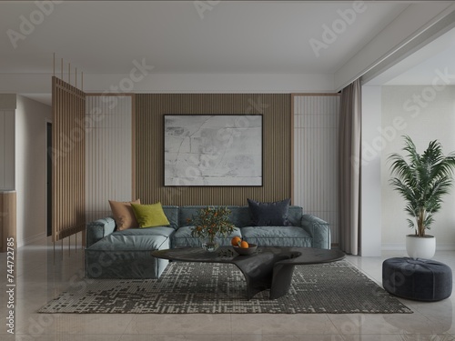 Mock up of a trendy living room with a cool corner sofa and modern decorative background, 3D rendering. photo