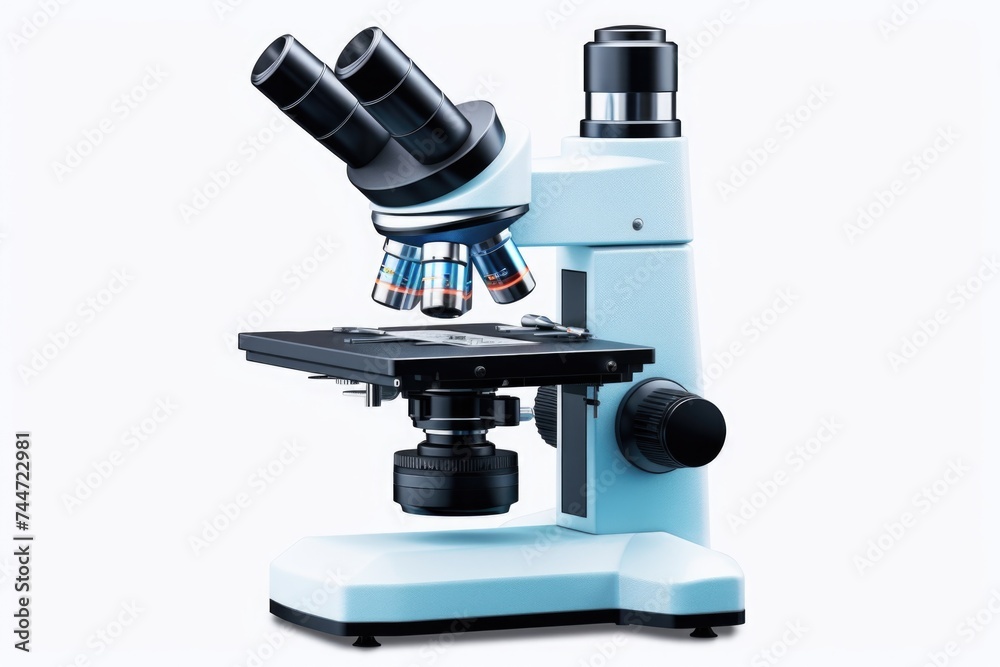 Close up view of a microscope on a plain white background. Perfect for scientific and educational purposes Close up view of a microscope on a plain white background. Perfect for scientific and educational purposes